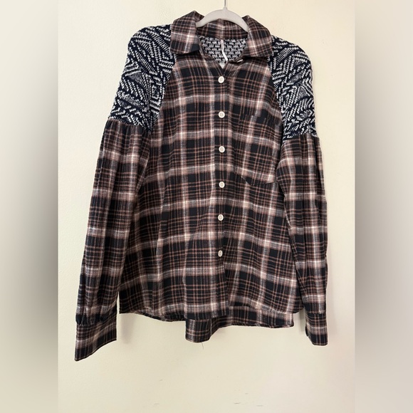 Free People Fireside Nights Button Down Shirt, Brown/Black/White, Medium - Picture 3 of 14